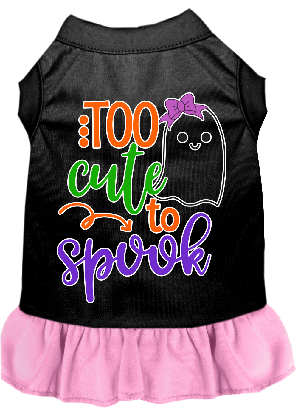 Too Cute to Spook-Girly Ghost Screen Print Dog Dress Black with Light Pink Lg